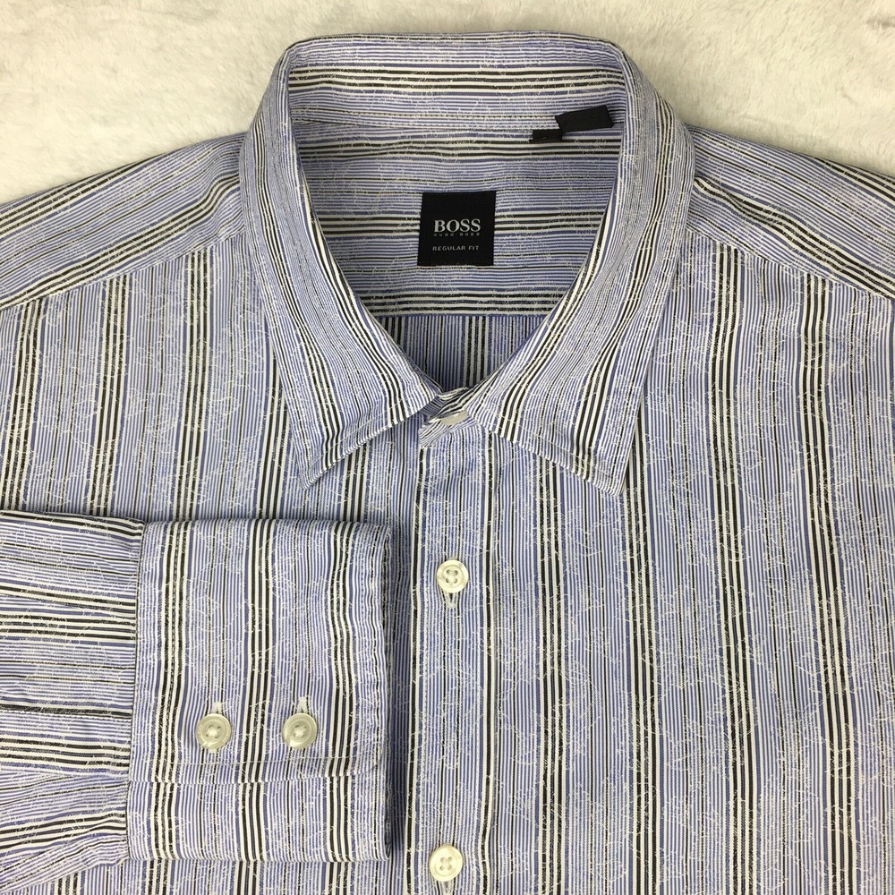 Hugo Boss Men's Large Regular Fit Dress Shirt Blue‎ Print Long Sleeve